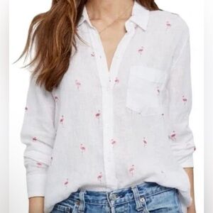 Rails White Linen Blend Button-down Shirt with Pink Flamingo Pattern - Size S